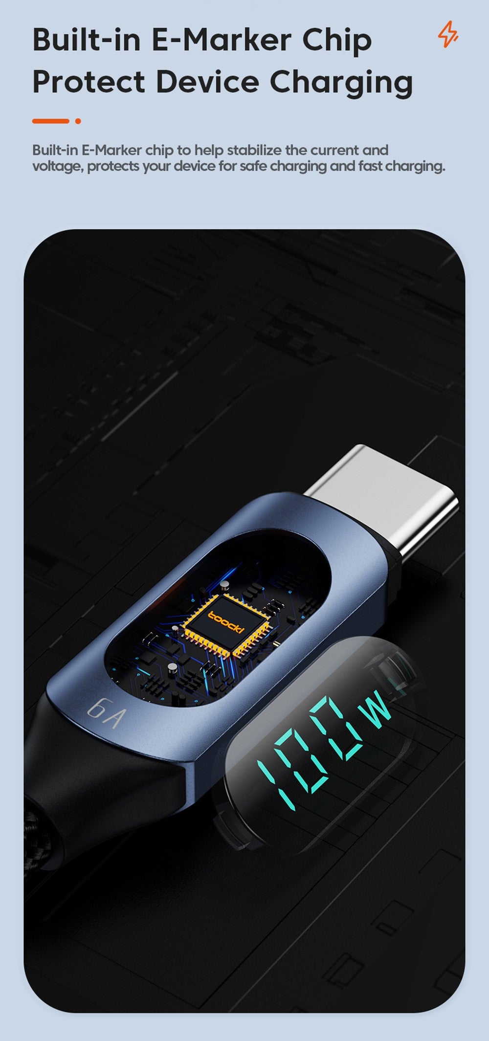 Toocki TXCTT1-XY01 PD 100W Fast Charging Cable, 5A, Smart Digital Display, E-Marker Chip, 480Mbps Data Transfer, Braided Nylon, Blue - 1m