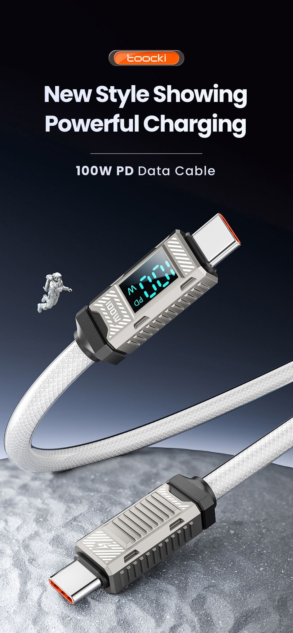 Toocki TXCTT1-ZFZA01 100W Fast Charging Cable, LED Display, Braided Zinc Alloy, 480Mbps Data Transfer, White - 1m