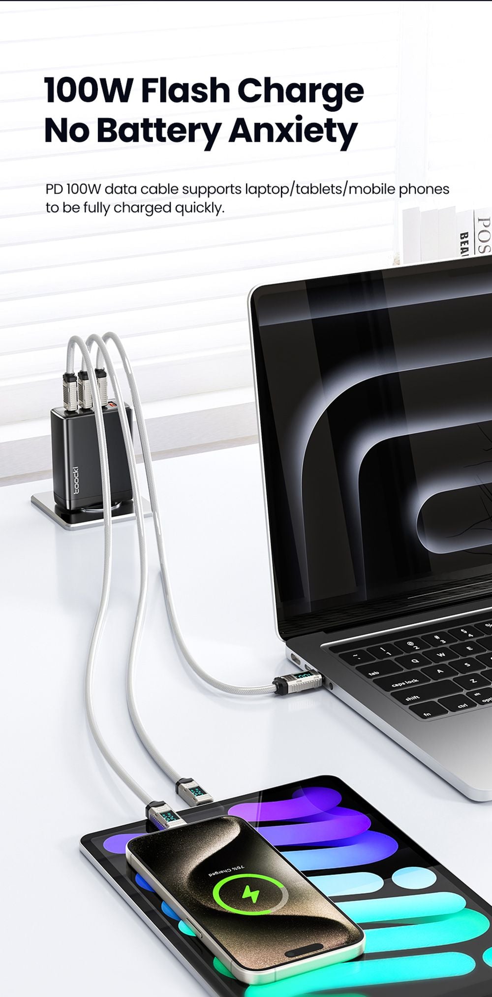 Toocki TXCTT1-ZFZA01 100W Fast Charging Cable, LED Display, Braided Zinc Alloy, 480Mbps Data Transfer, White - 1m