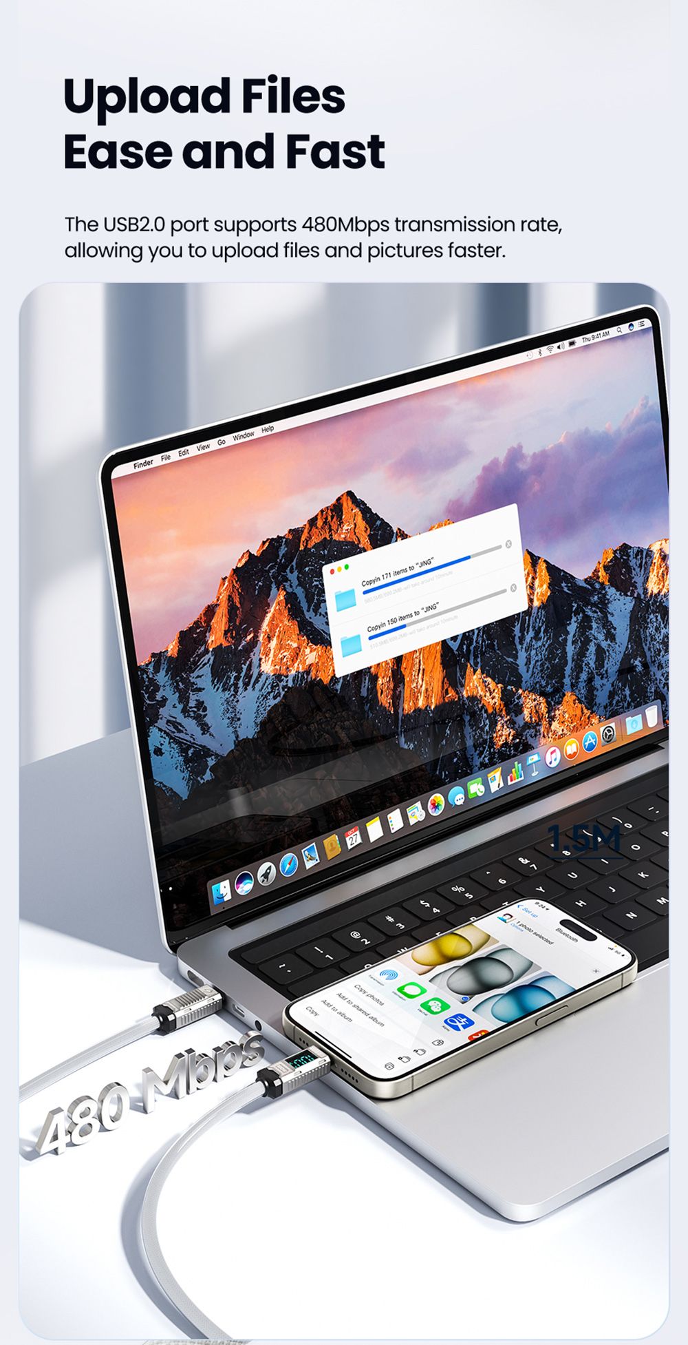 Toocki TXCTT1-ZFZA01 100W Fast Charging Cable, LED Display, Braided Zinc Alloy, 480Mbps Data Transfer, White - 1m