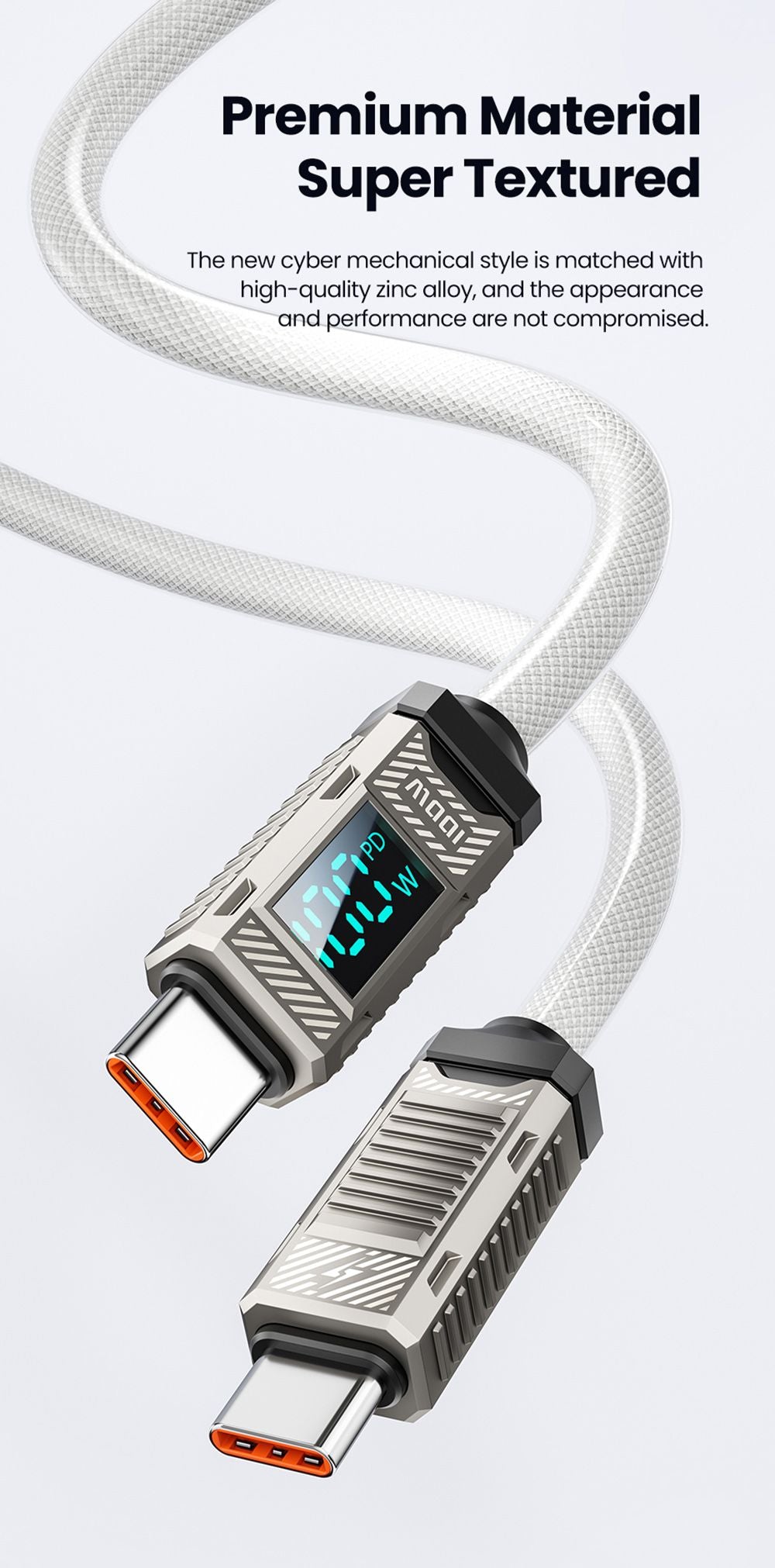 Toocki TXCTT1-ZFZA01 100W Fast Charging Cable, LED Display, Braided Zinc Alloy, 480Mbps Data Transfer, White - 1m