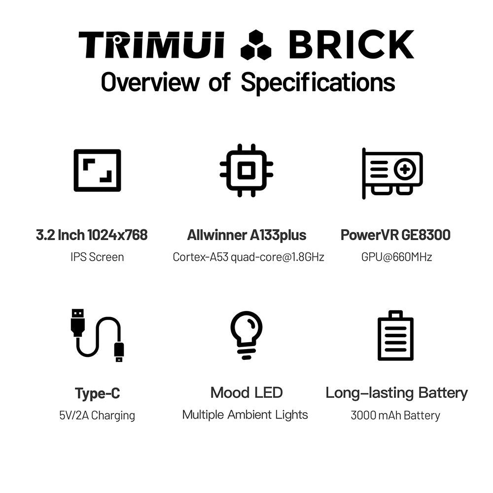 Consola de videojuegos portátil Trimui Brick, tarjeta TF de 256 GB, pantalla IPS de 3,2 pulgadas 1024*768, almacenamiento eMMC de 8 GB, 5 horas de autonomía, carga rápida tipo C - Negro
