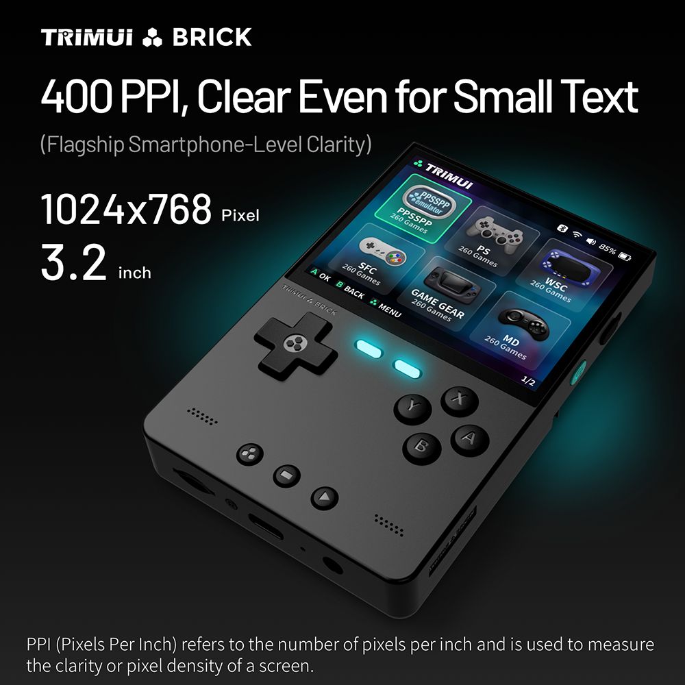Consola de videojuegos portátil Trimui Brick, tarjeta TF de 256 GB, pantalla IPS de 3,2 pulgadas 1024*768, almacenamiento eMMC de 8 GB, 5 horas de autonomía, carga rápida tipo C - Negro