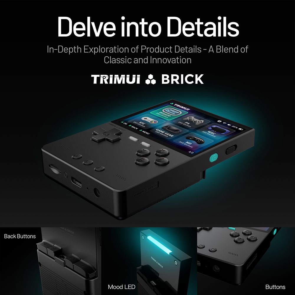 Consola de videojuegos portátil Trimui Brick, tarjeta TF de 256 GB, pantalla IPS de 3,2 pulgadas 1024*768, almacenamiento eMMC de 8 GB, 5 horas de autonomía, carga rápida tipo C - Negro