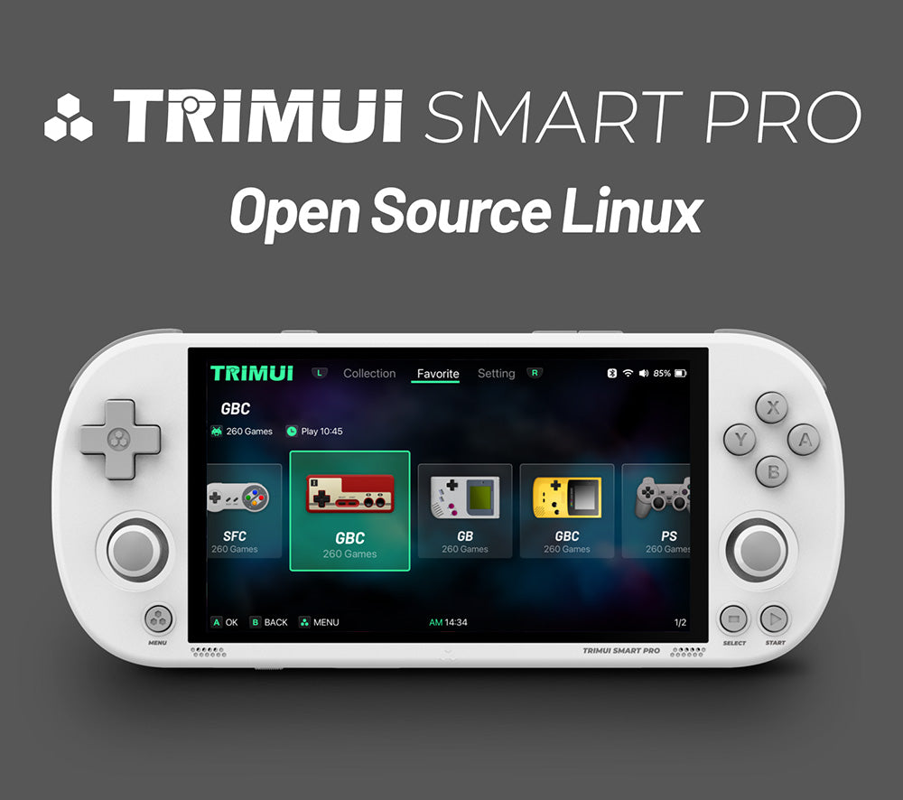 Consola de juegos portátil TRIMUI Smart Pro, pantalla IPS de 4,96 pulgadas, sistema operativo Linux, 1 GB de RAM, 8 GB de almacenamiento, tarjeta TF de 256 GB, 5 horas de tiempo de juego - Gris