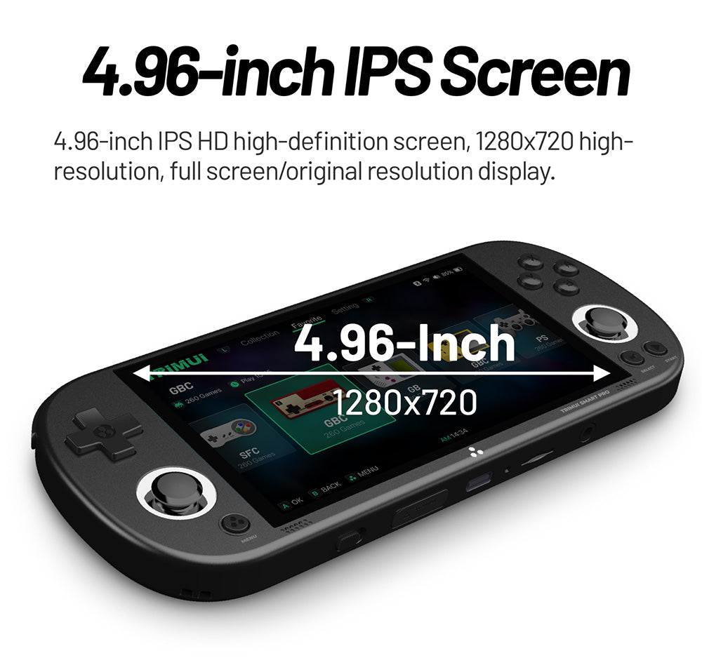 Consola de juegos portátil TRIMUI Smart Pro, pantalla IPS de 4,96 pulgadas, sistema operativo Linux, 1 GB de RAM, 8 GB de almacenamiento, tarjeta TF de 256 GB, 5 horas de tiempo de juego - Gris