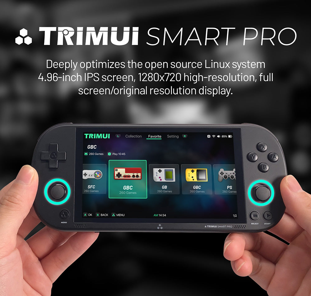 Consola de juegos portátil TRIMUI Smart Pro, pantalla IPS de 4,96 pulgadas, sistema operativo Linux, 1 GB de RAM, 8 GB de almacenamiento, tarjeta TF de 256 GB, 5 horas de tiempo de juego - Gris