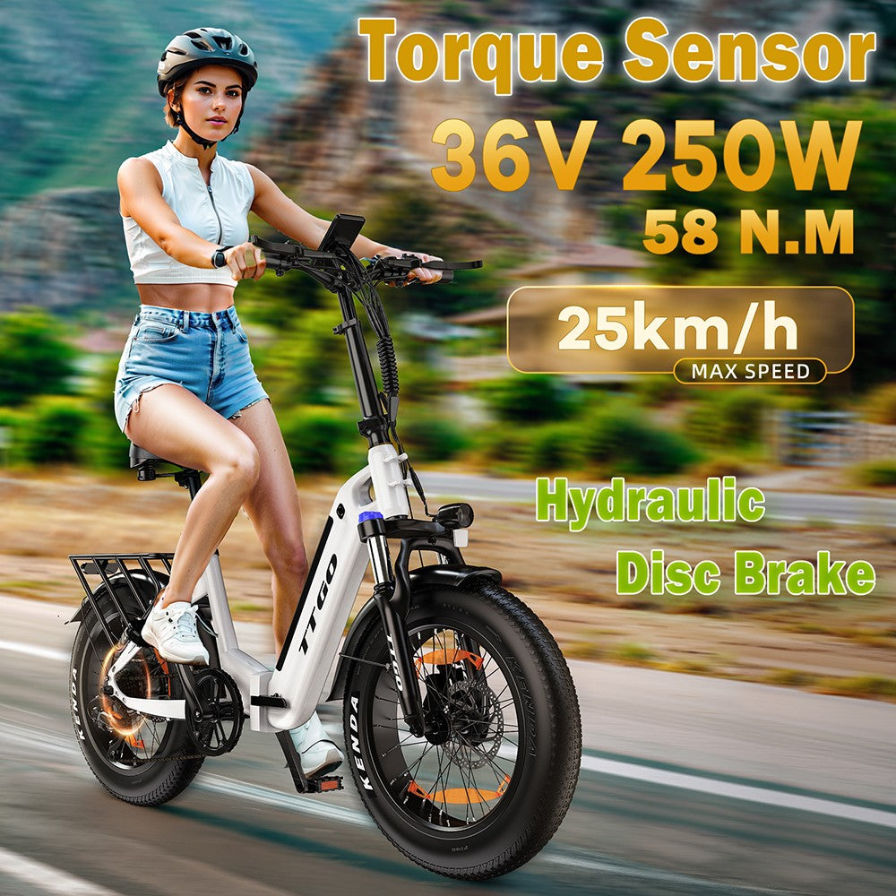 Bicicleta Eléctrica TTGO F6, Motor de 250W, Batería de 36V 25Ah, Neumáticos de 20*4 pulgadas, Velocidad Máxima de 25 km/h, Autonomía Máxima de 100 km, Freno de Disco Hidráulico, Amortiguador Delantero, Sensor de Par, Shimano de 7 velocidades, Pantalla LCD - Blanca
