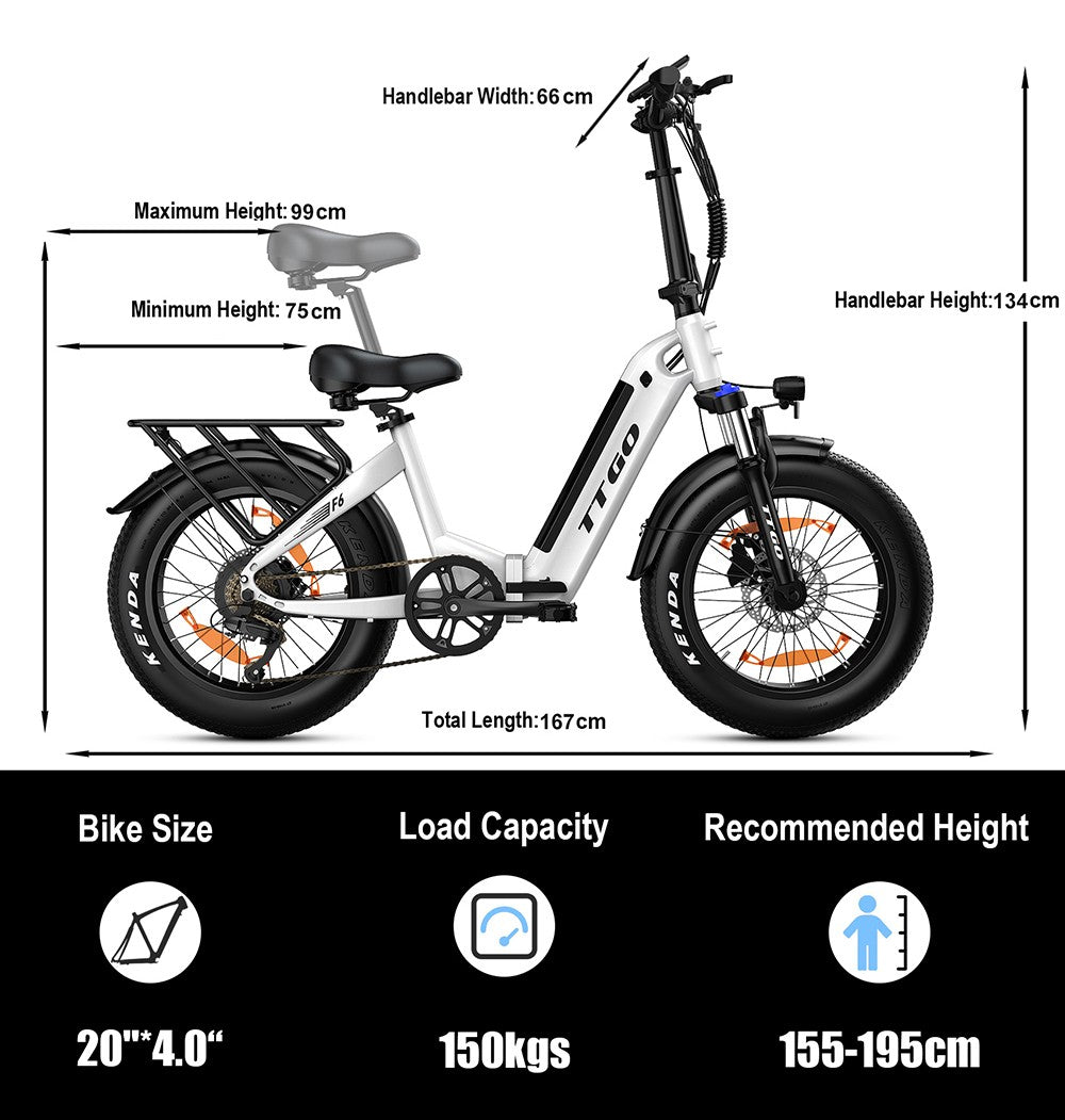 Bicicleta Eléctrica TTGO F6, Motor de 250W, Batería de 36V 25Ah, Neumáticos de 20*4 pulgadas, Velocidad Máxima de 25 km/h, Autonomía Máxima de 100 km, Freno de Disco Hidráulico, Amortiguador Delantero, Sensor de Par, Shimano de 7 velocidades, Pantalla LCD - Blanca