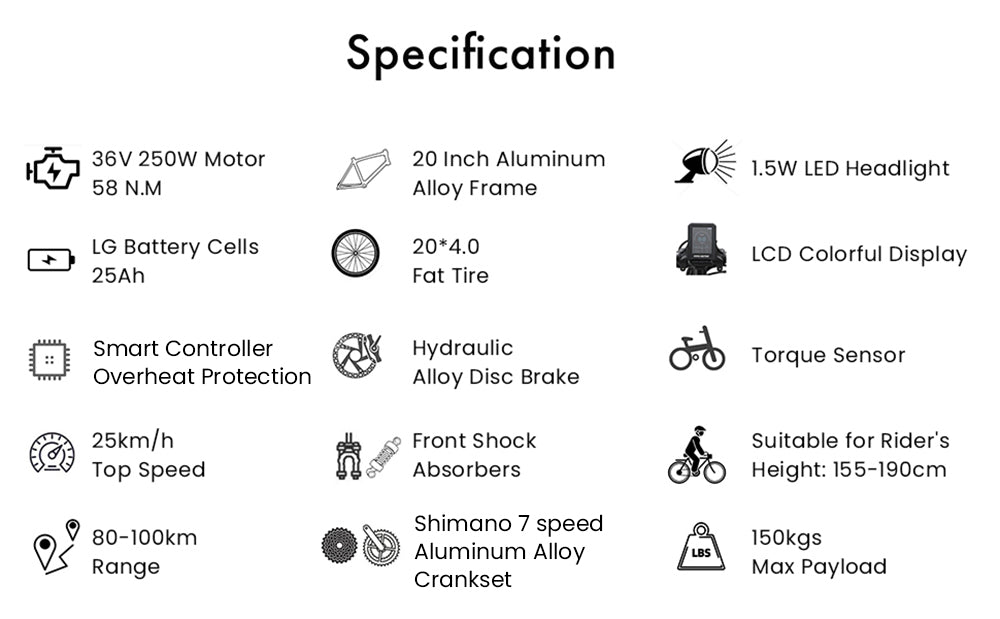 Bicicleta Eléctrica TTGO F6, Motor de 250W, Batería de 36V 25Ah, Neumáticos de 20*4 pulgadas, Velocidad Máxima de 25 km/h, Autonomía Máxima de 100 km, Freno de Disco Hidráulico, Amortiguador Delantero, Sensor de Par, Shimano de 7 velocidades, Pantalla LCD - Blanca