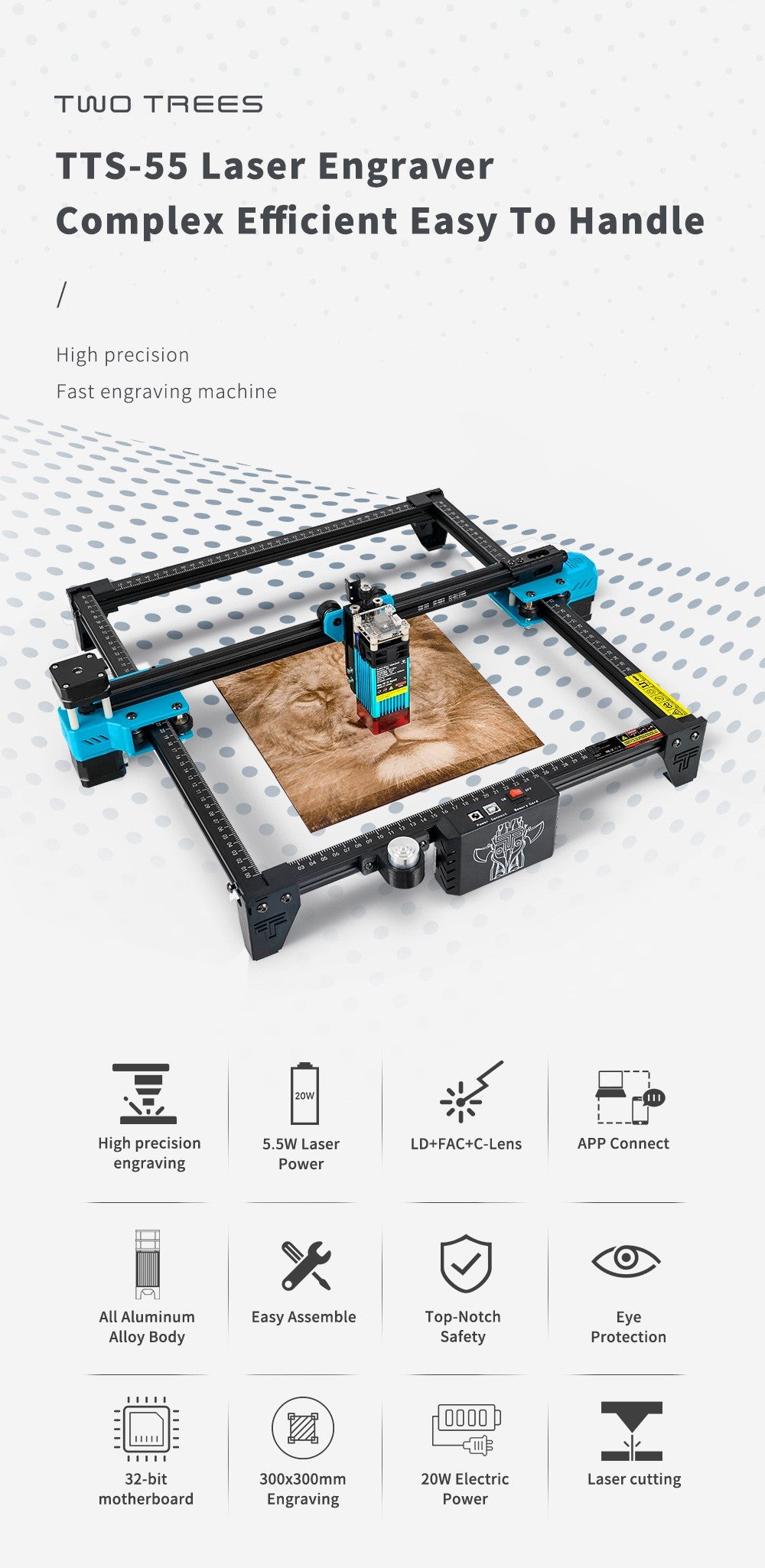 Grabador láser de metal CNC Two Trees TTS 20W, máquina de corte y grabado láser, área de grabado 300x300mm