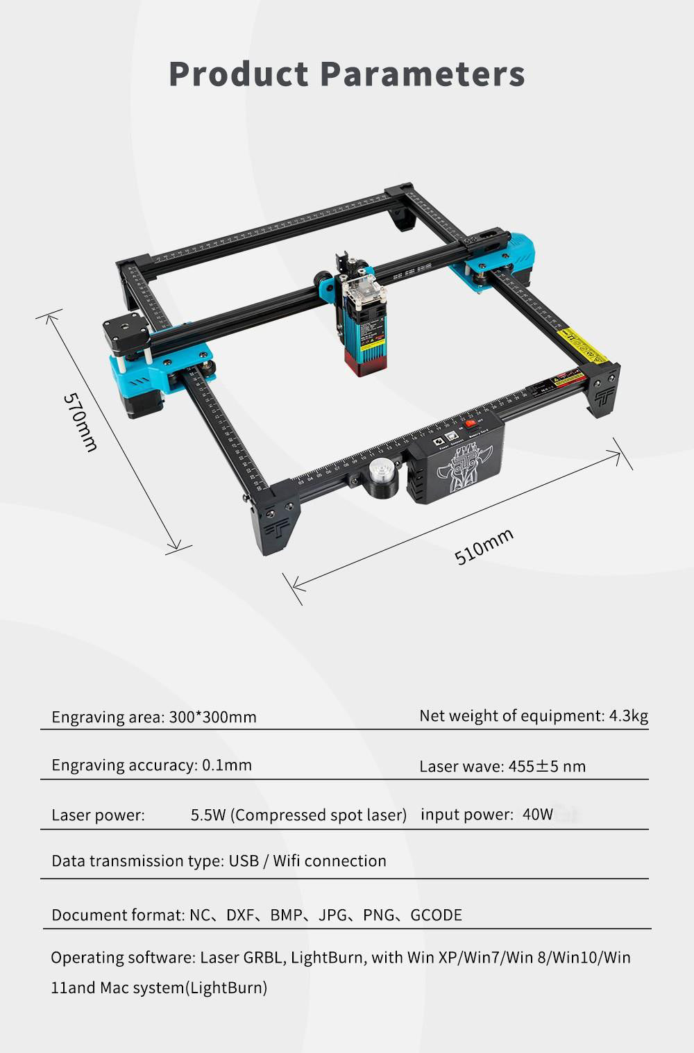 Grabador y cortador láser TWO TREES TTS 5.5W, punto comprimido de 0,08*0,08 mm, placa base de 32 bits, potencia eléctrica de 40 W, control por aplicación, 300*300 mm
