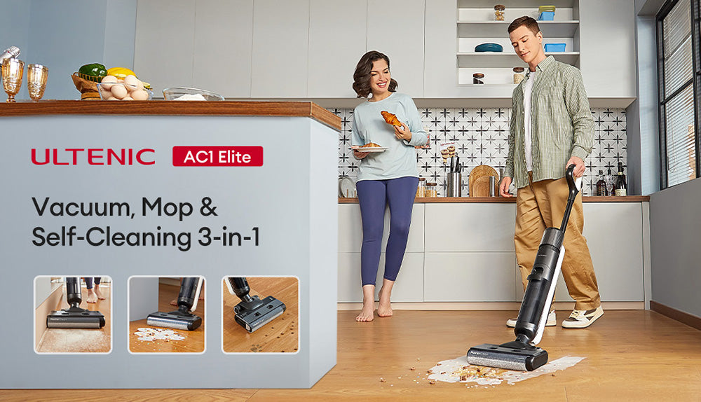 Ultenic AC1 Elite Aspiradora y Mopa Inalámbrica con Autolimpieza, Hasta 50 Minutos de Autonomía, Detección Inteligente de Suciedad, 3 Modos de Limpieza, Pantalla LCD, Doble Tanque, Autopropulsada, Ideal para Suelos Duros y Manchas Pegajosas