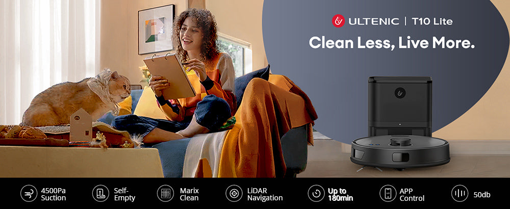 Robot aspirador Ultenic T10 Lite con navegación LiDAR, succión de 4500 Pa, autovaciado, limpieza matricial, hasta 180 minutos de autonomía, depósito de polvo de 2 L, control por aplicación/Alexa/Siri/IFTTT, para todo tipo de suelos y pelo de mascotas.