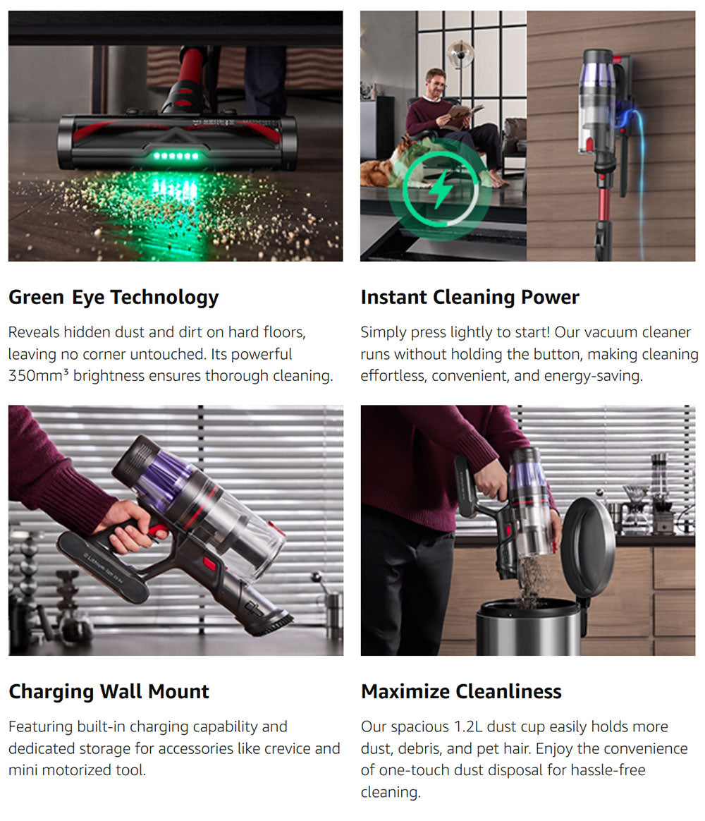 Aspiradora sin cable Ultenic U16 Flex, succión de 45000 Pa, autonomía de 60 minutos, tubo flexible de 180°, cepillo antienredos, luz verde, pantalla LED, carga con soporte de pared.