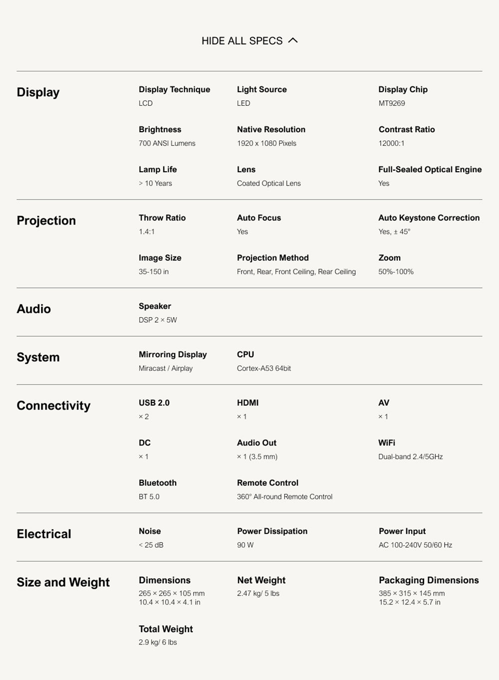 Proyector Portátil ULTIMEA Apollo P10, 300 ANSI, Decodificación 1080P, Nativo 720P, WiFi 2.4GHz/5GHz