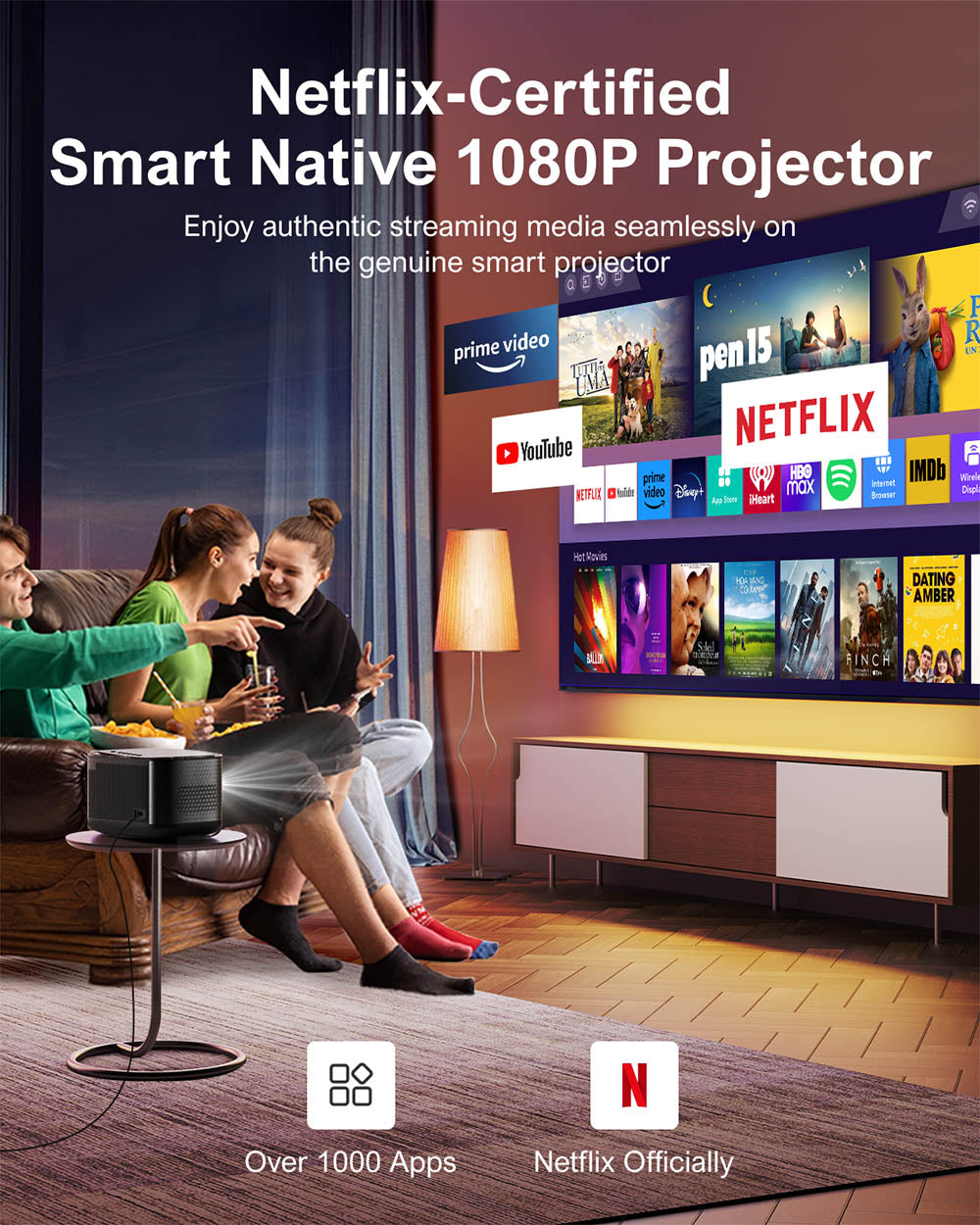 Proyector Ultimea Apollo P50, 800 lúmenes ANSI, resolución nativa 1080P, audio Dolby, adaptación automática de pantalla y evitación de obstáculos, WiFi 6, Bluetooth 5.3