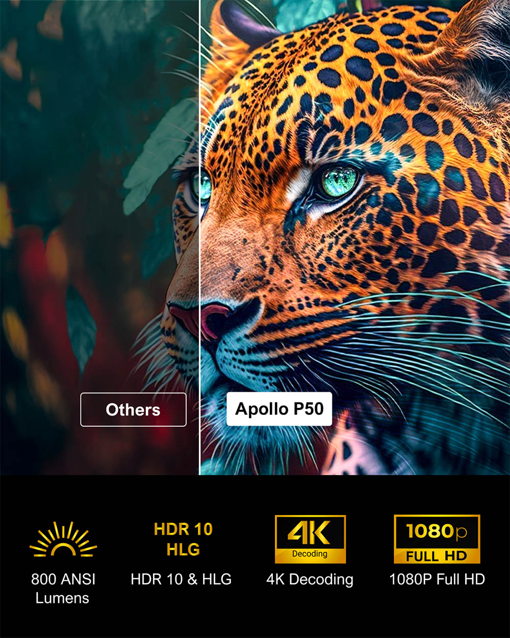 Proyector Ultimea Apollo P50, 800 lúmenes ANSI, resolución nativa 1080P, audio Dolby, adaptación automática de pantalla y evitación de obstáculos, WiFi 6, Bluetooth 5.3