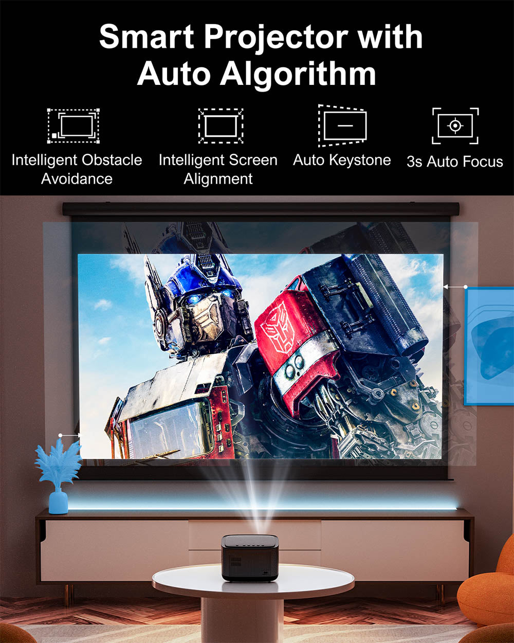 Proyector Ultimea Apollo P50, 800 lúmenes ANSI, resolución nativa 1080P, audio Dolby, adaptación automática de pantalla y evitación de obstáculos, WiFi 6, Bluetooth 5.3