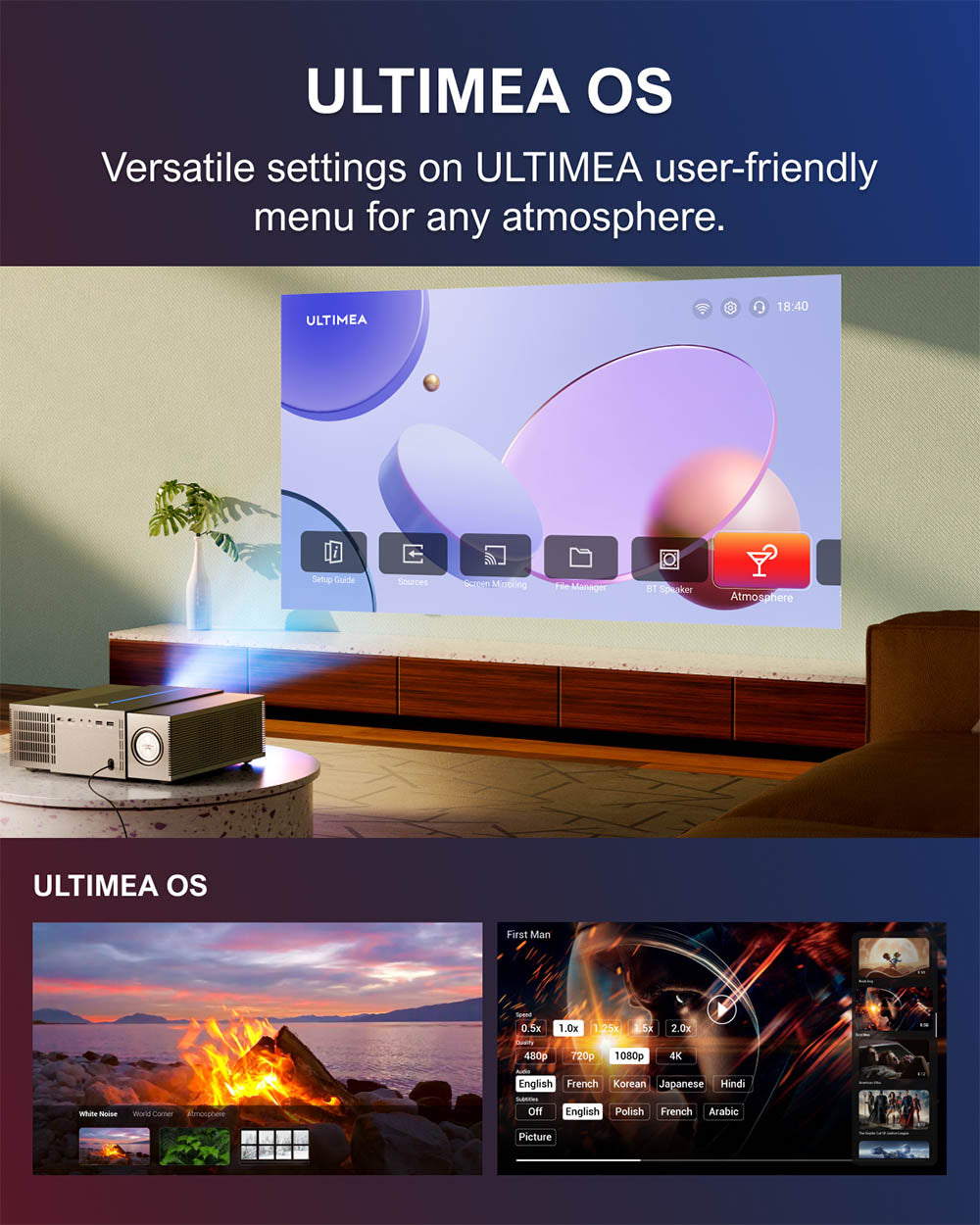 Proyector Ultimea Apollo P60, 900 lúmenes ANSI, resolución nativa 1080P, compatible con 4K, enfoque automático y corrección trapezoidal automática 6D, Bluetooth 5.3