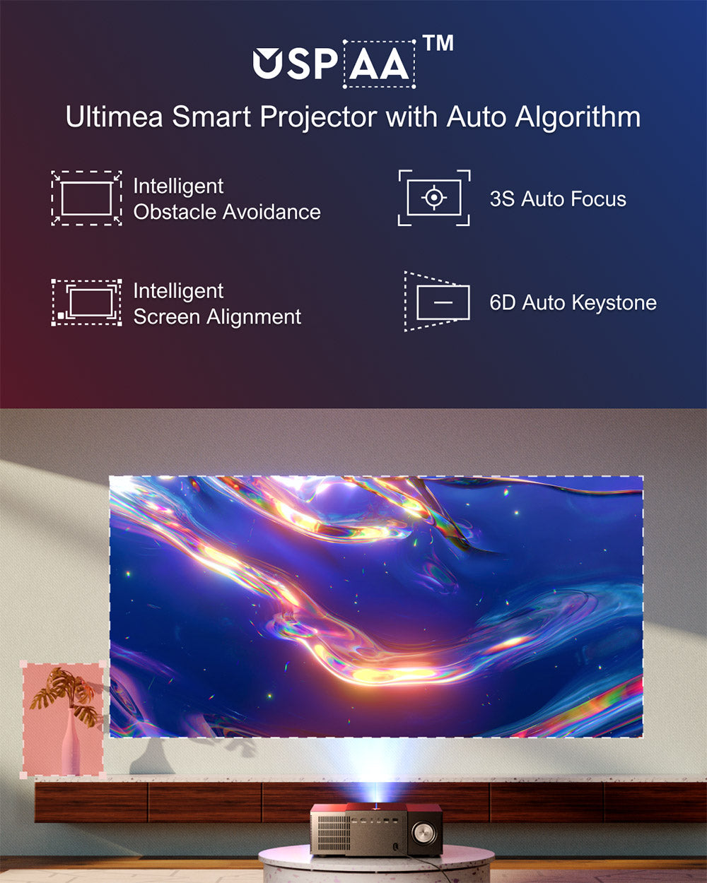 Proyector Ultimea Apollo P60, 900 lúmenes ANSI, resolución nativa 1080P, compatible con 4K, enfoque automático y corrección trapezoidal automática 6D, Bluetooth 5.3