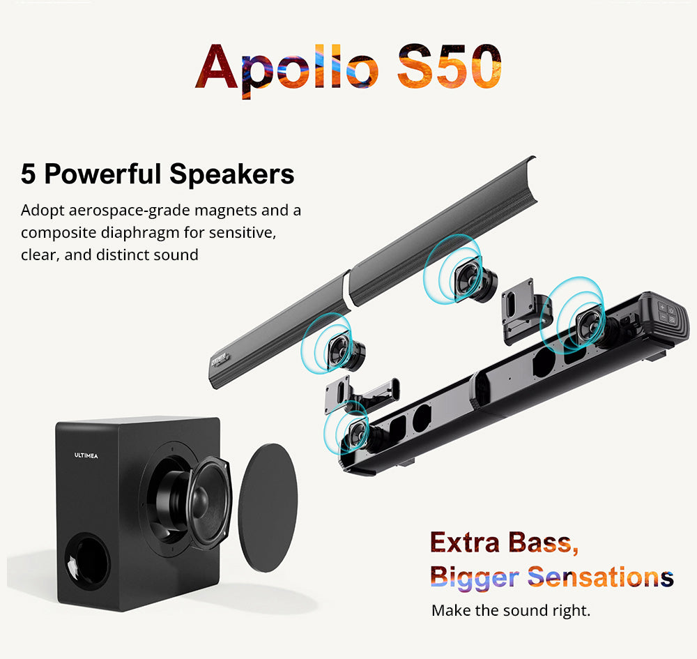 Barra de sonido desmontable Ultimea Apollo S50 con subwoofer, Bluetooth 5.3, nivel de graves ajustable, 3 modos de ecualización.
