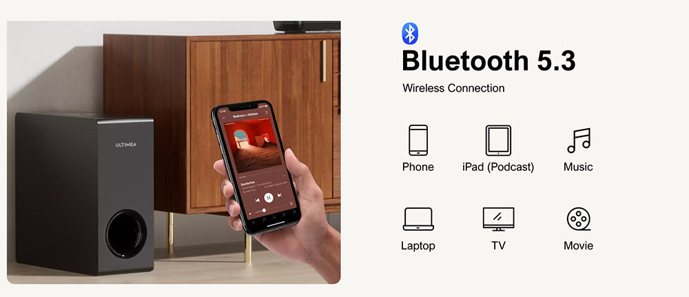 Barra de sonido desmontable Ultimea Apollo S50 4.1 canales con subwoofer, Bluetooth 5.3, nivel de graves ajustable, 3 modos de ecualización.