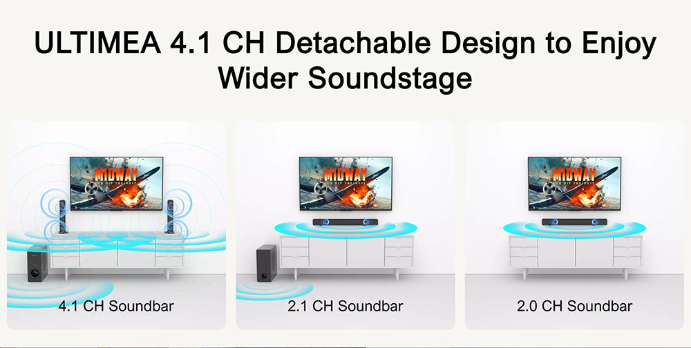 Barra de sonido desmontable Ultimea Apollo S50 4.1 canales con subwoofer, Bluetooth 5.3, nivel de graves ajustable, 3 modos de ecualización.