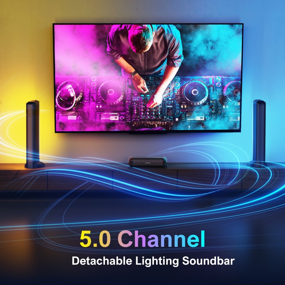 Barra de sonido Apollo S70 con iluminación, 5.0 canales, diseño desmontable, control por APP, luz RGB dinámica, 121 matrices de ecualización preestablecidas.
