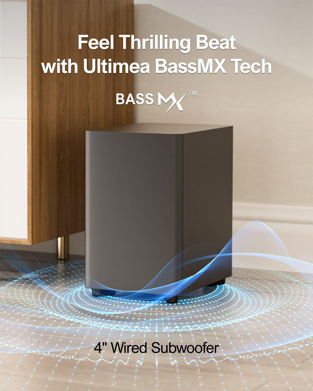 Kit de altavoces con barra de sonido y subwoofer Ultimea Aura A40, 7.1 canales, control mediante aplicación, ecualizador de 10 bandas, 121 matrices de ecualización preestablecidas, Bluetooth 5.3, 330 W de potencia máxima.