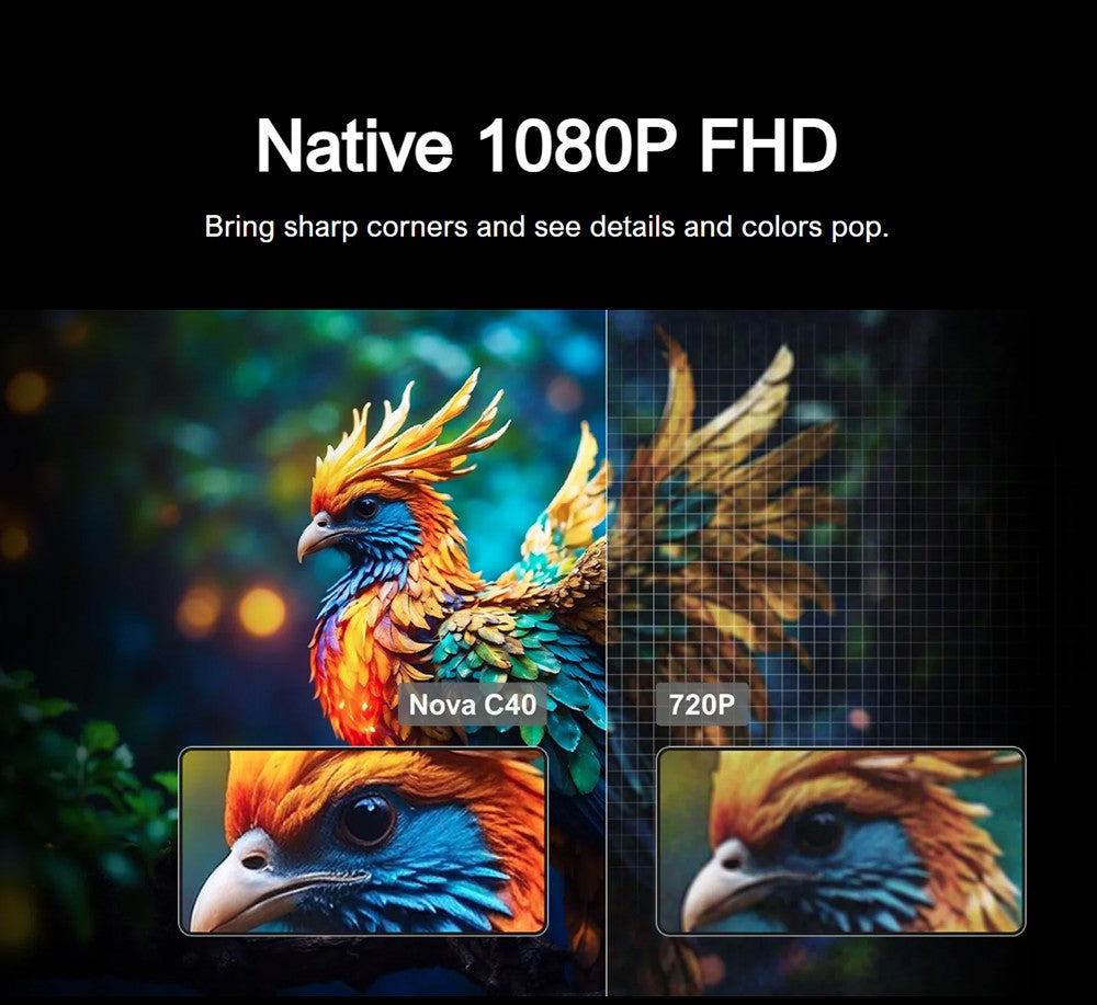 Proyector ULTIMEA Nova C40 con soporte de cardán, 600 ANSI, decodificación 4K, 1080P nativo, Bluetooth 5.3, Android TV 11.0, Dolby Audio, enfoque automático y corrección trapezoidal.