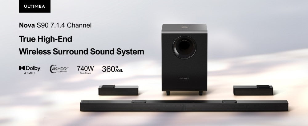 Kit de altavoces con barra de sonido y subwoofer Ultimea Nova S90 7.1.4, Dolby Atmos, potencia máxima de 740 W, paso de señal 4K HDR, 6 modos de ecualizador.