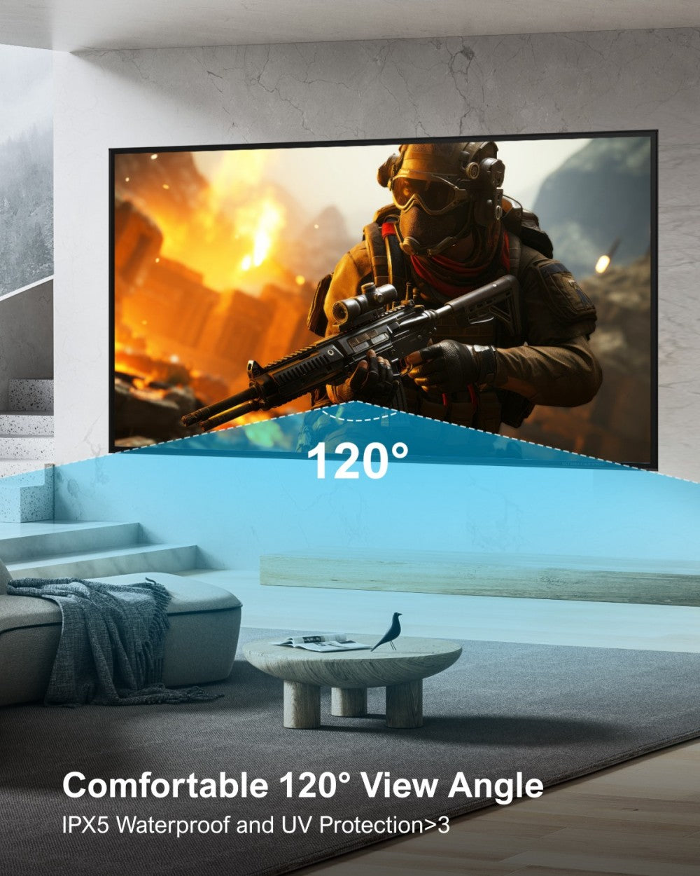 Pantalla de proyección Ultimea Photon E-ALR de 100 pulgadas, valor de ganancia 2.0, ángulo de visión de 120°.