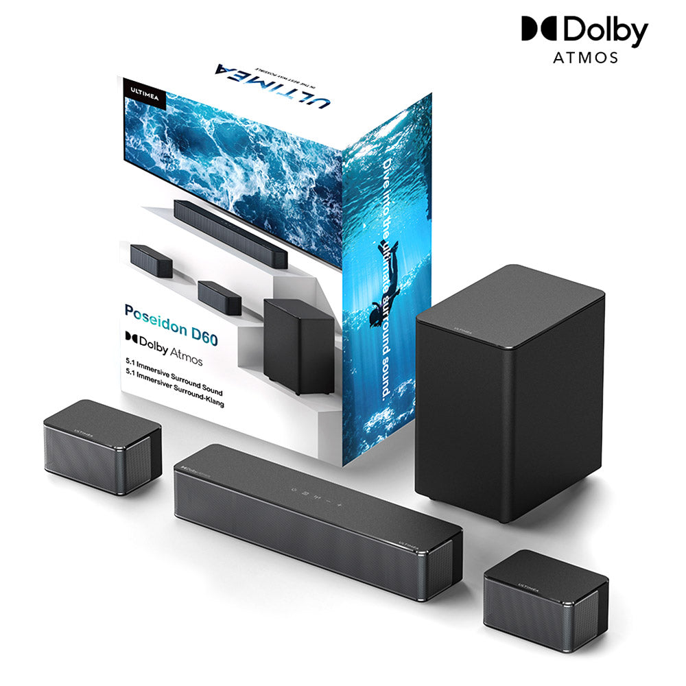 Ultimea Poseidon D60 5.1 Soundbar Subwoofer Speaker Kit, Dolby Atmos 5.1, Adjustable Surround Level, Multiple Modes