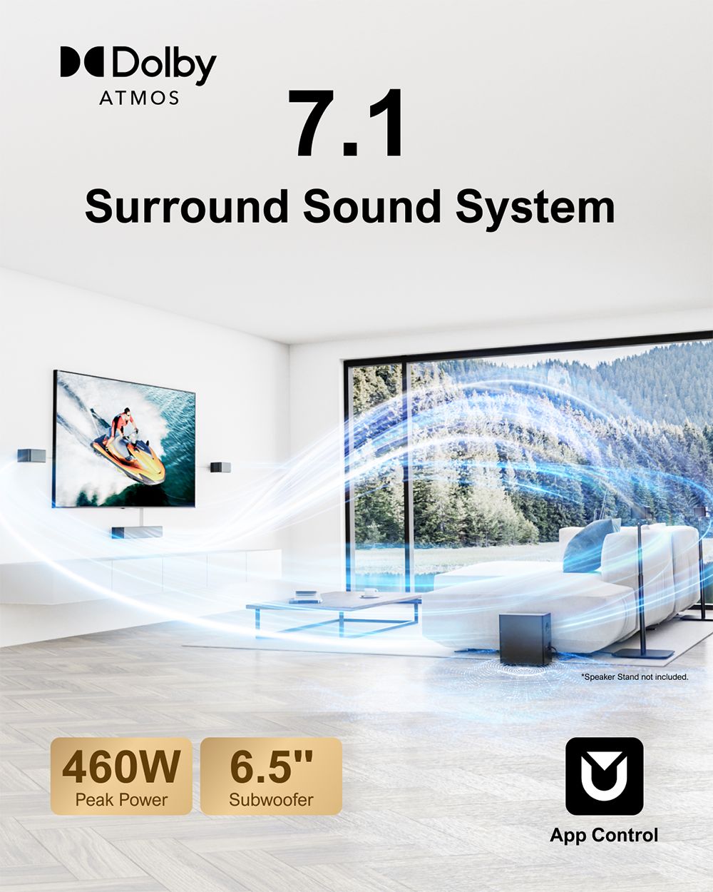 Kit de altavoces con barra de sonido y subwoofer ULTIMEA Poseidon D80 de 7.1 canales, Dolby Atmos, potencia máxima de 460 W, control mediante aplicación, ecualizador de 10 bandas, 121 matrices de ecualización preestablecidas, Bluetooth 5.3.