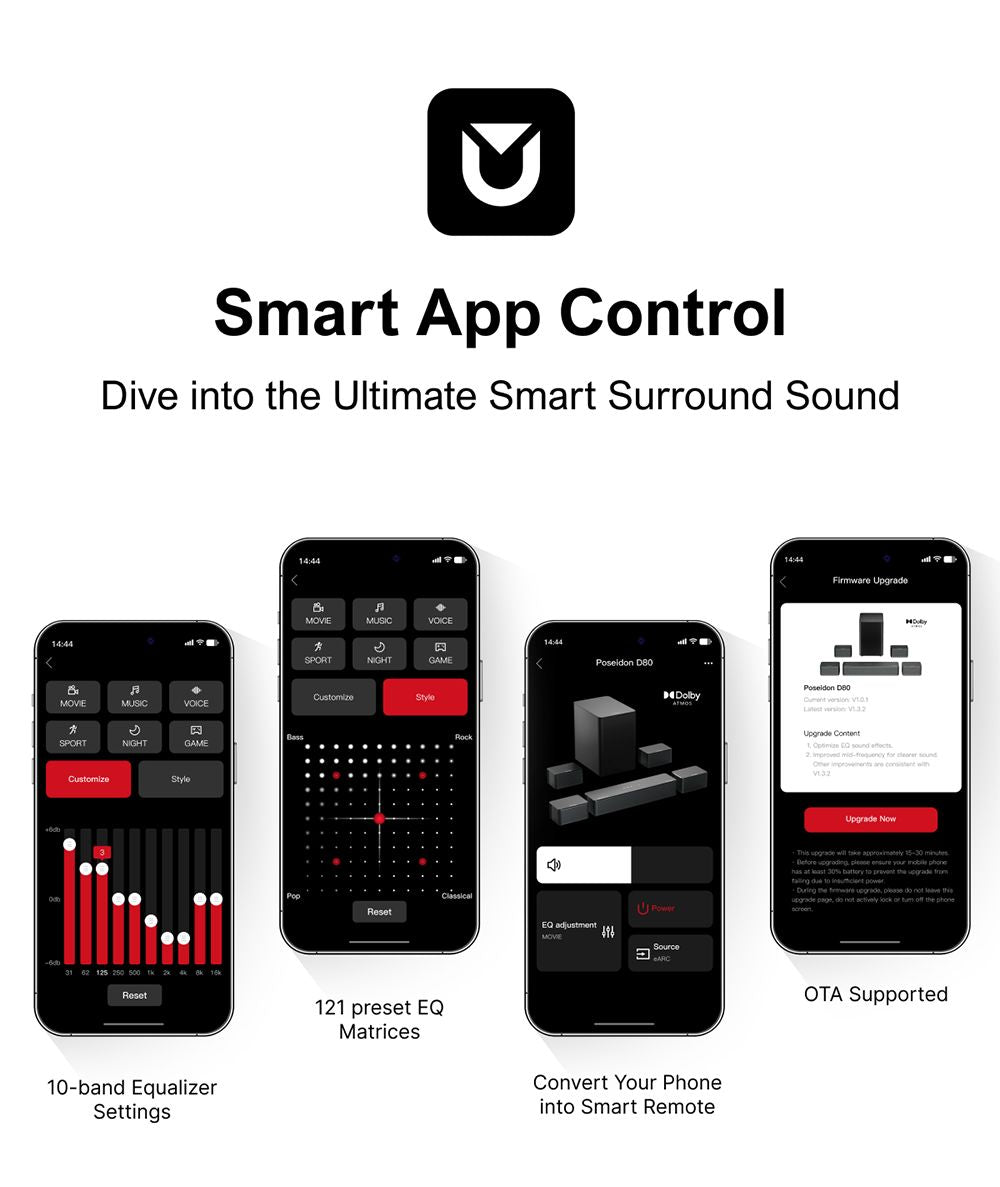 Kit de altavoces con barra de sonido y subwoofer ULTIMEA Poseidon D80 de 7.1 canales, Dolby Atmos, potencia máxima de 460 W, control mediante aplicación, ecualizador de 10 bandas, 121 matrices de ecualización preestablecidas, Bluetooth 5.3.