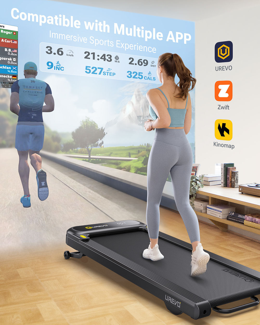 Cinta de andar inteligente UREVO 3S, inclinación automática de 9 niveles, velocidad de 0,8 a 6 km/h, capacidad de carga de 120 kg, pantalla LED, control por aplicación.