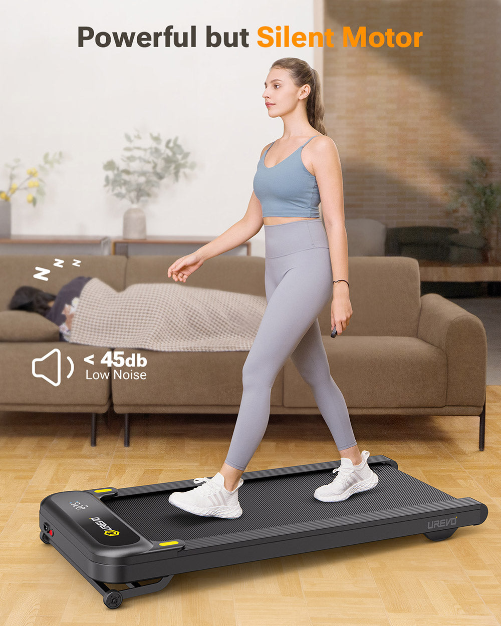 Cinta de andar inteligente UREVO 3S, inclinación automática de 9 niveles, velocidad de 0,8 a 6 km/h, capacidad de carga de 120 kg, pantalla LED, control por aplicación.