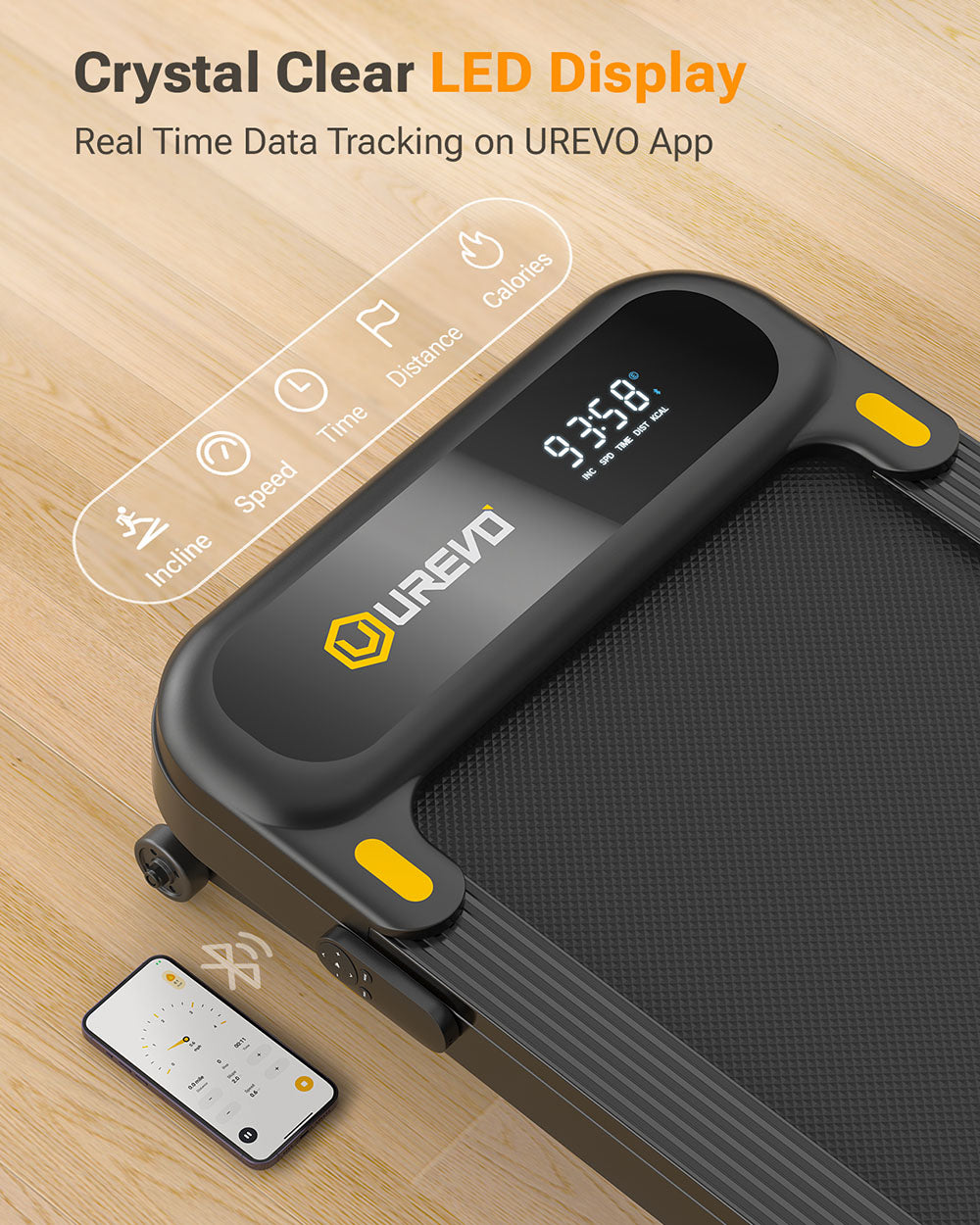 Cinta de andar inteligente UREVO 3S, inclinación automática de 9 niveles, velocidad de 0,8 a 6 km/h, capacidad de carga de 120 kg, pantalla LED, control por aplicación.