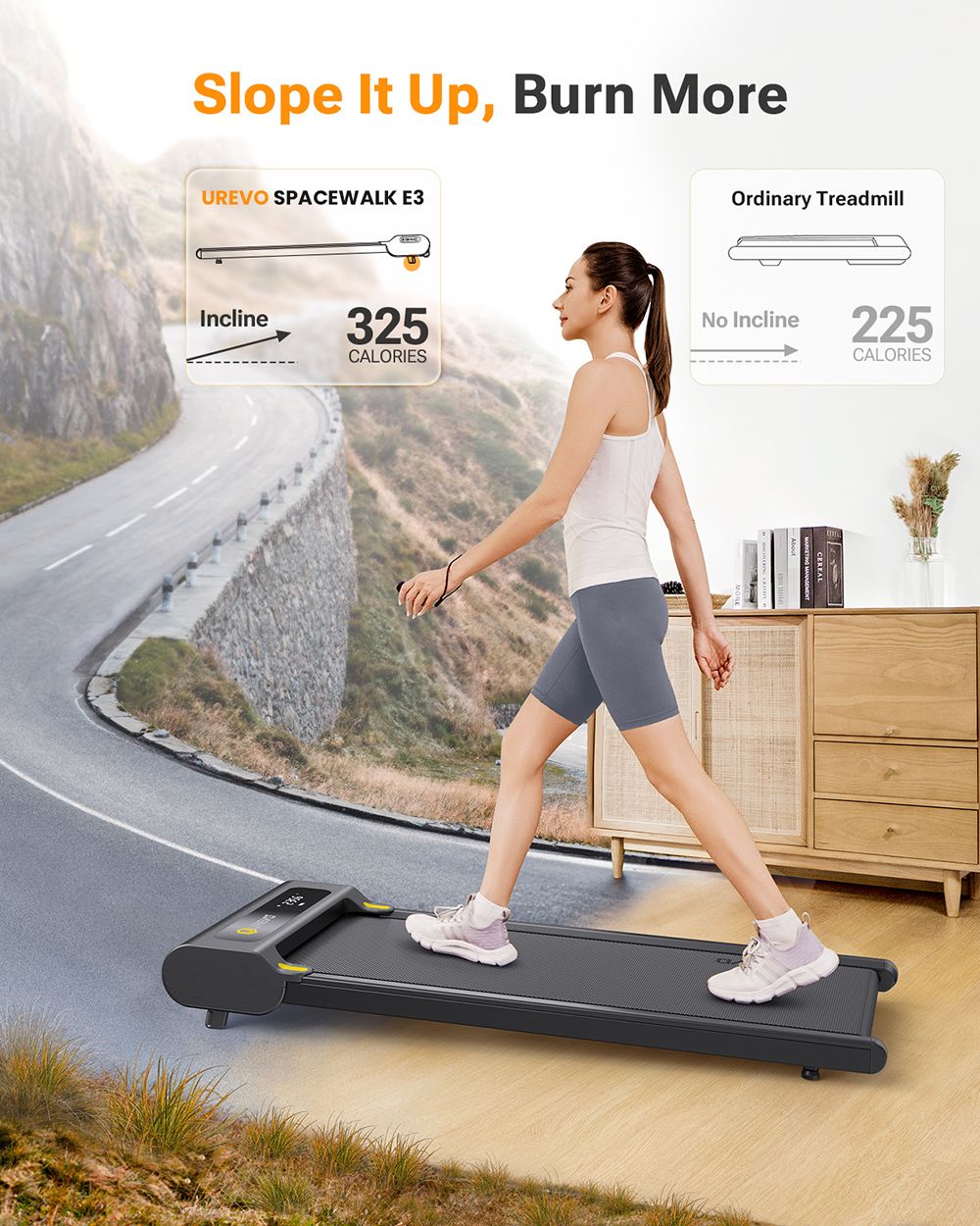 UREVO E3S Laufband mit Steigungsfunktion, leisem 2,25-PS-Motor, LED-Display, Fernbedienung, Geschwindigkeit 0,9–6,4 km/h, maximale Belastbarkeit 120 kg