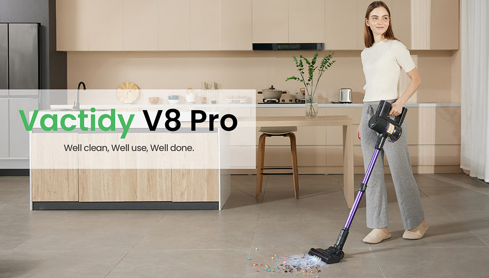 Aspiradora sin cable Vactidy V8 Pro, potente succión de 25 kPa, sistema de filtración ciclónica, depósito de polvo de 500 ml, pantalla táctil LED, cabezal de cepillo giratorio de 180°, 35 minutos de autonomía, diseño autoportante.