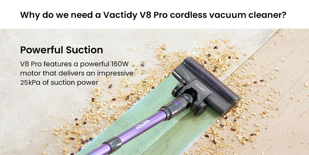 Aspiradora sin cable Vactidy V8 Pro, potente succión de 25 kPa, sistema de filtración ciclónica, depósito de polvo de 500 ml, pantalla táctil LED, cabezal de cepillo giratorio de 180°, 35 minutos de autonomía, diseño autoportante.