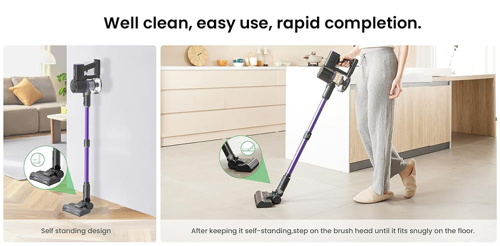 Aspiradora sin cable Vactidy V8 Pro, potente succión de 25 kPa, sistema de filtración ciclónica, depósito de polvo de 500 ml, pantalla táctil LED, cabezal de cepillo giratorio de 180°, 35 minutos de autonomía, diseño autoportante.