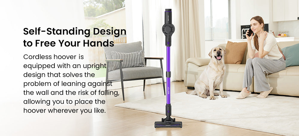 Aspiradora sin cable Vactidy V8 Pro, potente succión de 25 kPa, sistema de filtración ciclónica, depósito de polvo de 500 ml, pantalla táctil LED, cabezal de cepillo giratorio de 180°, 35 minutos de autonomía, diseño autoportante.