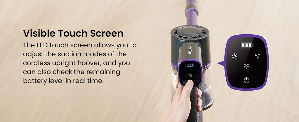 Aspiradora sin cable Vactidy V8 Pro, potente succión de 25 kPa, sistema de filtración ciclónica, depósito de polvo de 500 ml, pantalla táctil LED, cabezal de cepillo giratorio de 180°, 35 minutos de autonomía, diseño autoportante.