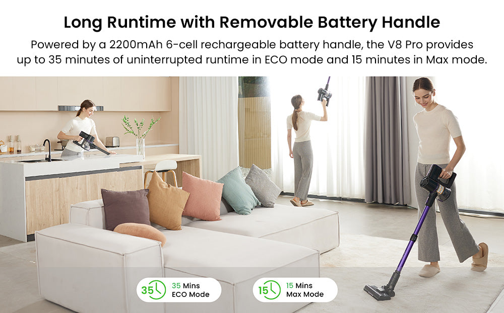 Aspiradora sin cable Vactidy V8 Pro, potente succión de 25 kPa, sistema de filtración ciclónica, depósito de polvo de 500 ml, pantalla táctil LED, cabezal de cepillo giratorio de 180°, 35 minutos de autonomía, diseño autoportante.