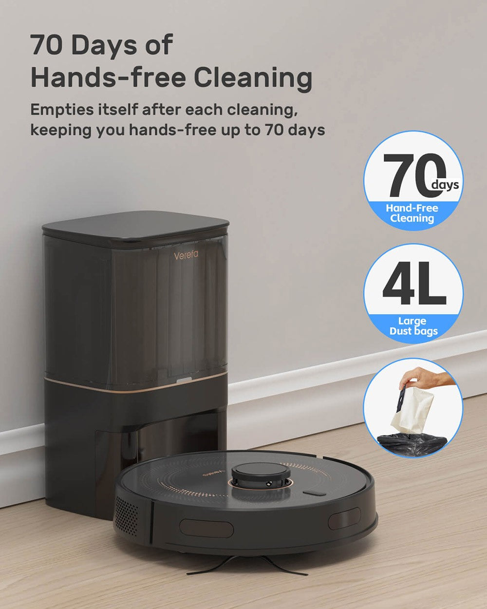 Robot Aspirador Verefa L11 Pro, Autovaciado, Succión 3000Pa, Navegación LiDAR, Bolsa de Polvo 4L, Autonomía Máx. 270 Minutos, Limpieza sin Intervención Manual Durante 70 Días, Control por App/Voz