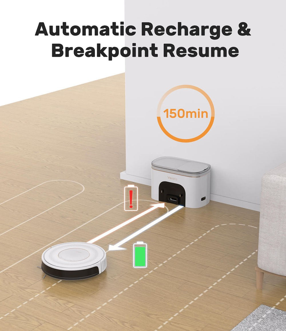 Robot Aspirador Verefa V60 Pro, Autovaciado, Succión 3200Pa, Bolsa de Polvo de 2L, Limpieza Silenciosa, Navegación Inteligente 2.0, Autonomía Máxima de 150 Minutos, Control por APP/Remoto - Blanco