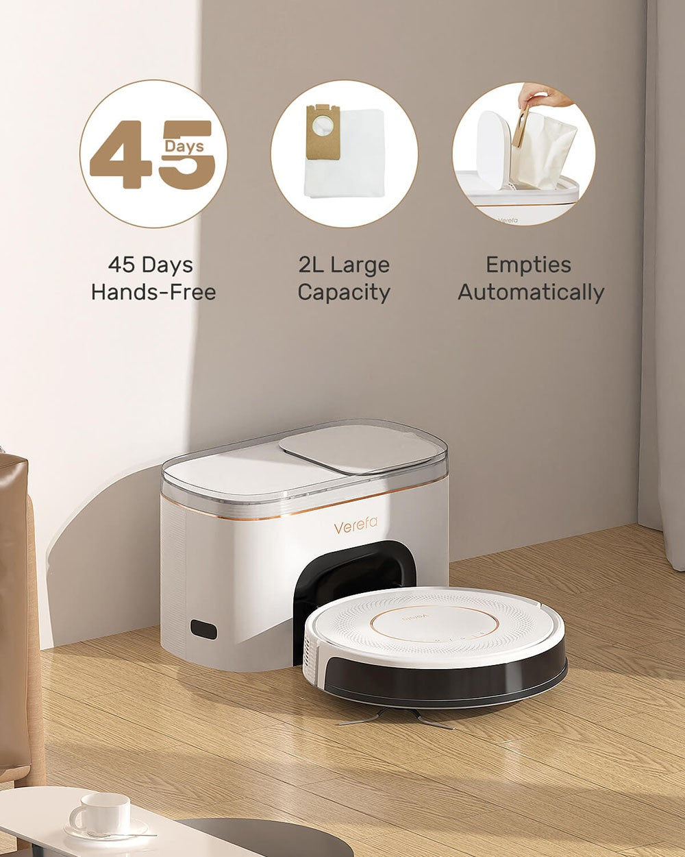 Robot Aspirador Verefa V60 Pro, Autovaciado, Succión 3200Pa, Bolsa de Polvo de 2L, Limpieza Silenciosa, Navegación Inteligente 2.0, Autonomía Máxima de 150 Minutos, Control por APP/Remoto - Blanco