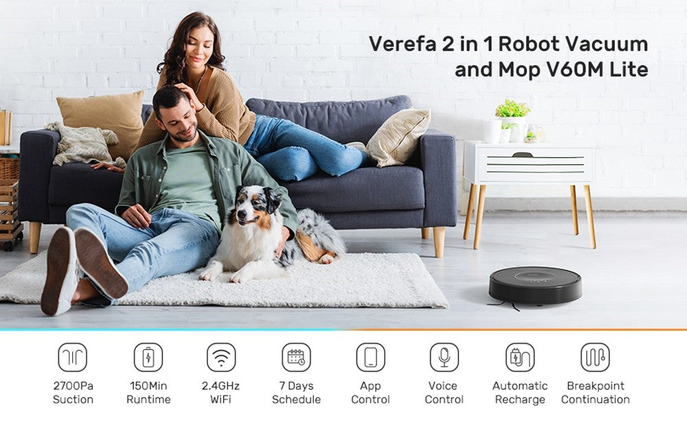 Robot Aspirador Verefa V60m Lite, Succión Máxima de 2700Pa, Aspiración y Fregado 2 en 1, Depósito de Polvo de 250ml, Autonomía Máxima de 150 Minutos, Control por App/Voz - Negro